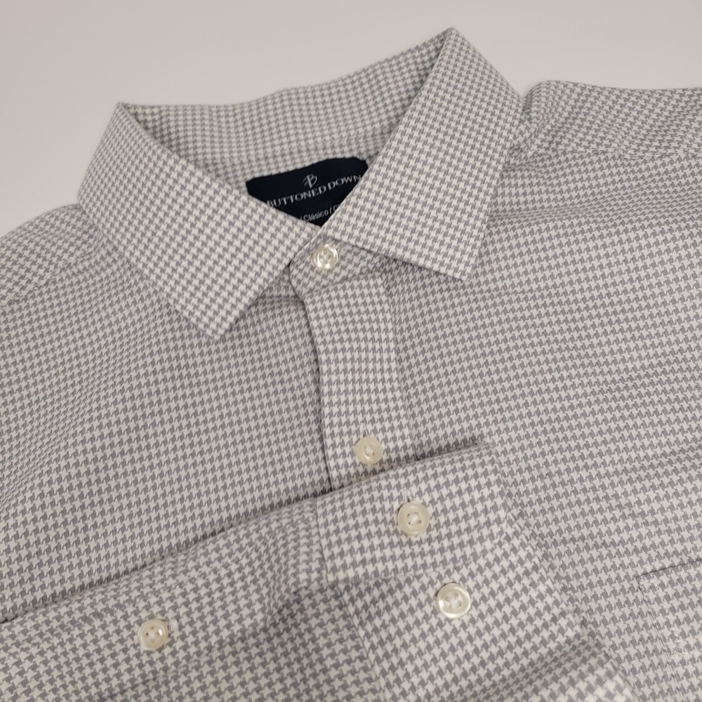 Buttoned Down Dress Shirt‎ Mens 18 36 White Grey Excellent Houndstooth MBD30003